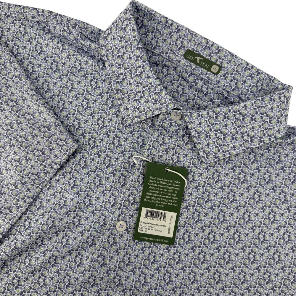 GenTeal Mens XL Printed Performance Polo Shirt Violet Hibiscus Floral Golf NEW